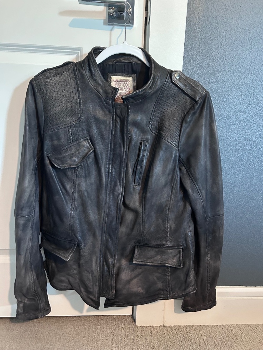 Free People Leather Moto Jacket Distressed Black Sz 8